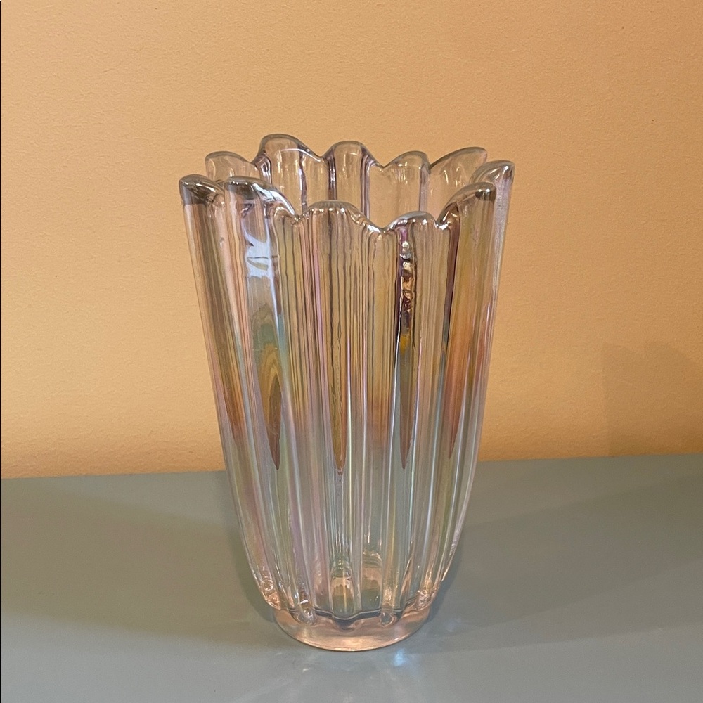 Elegant Fostoria “Celestial” Iridescent Vase with Scalloped Design